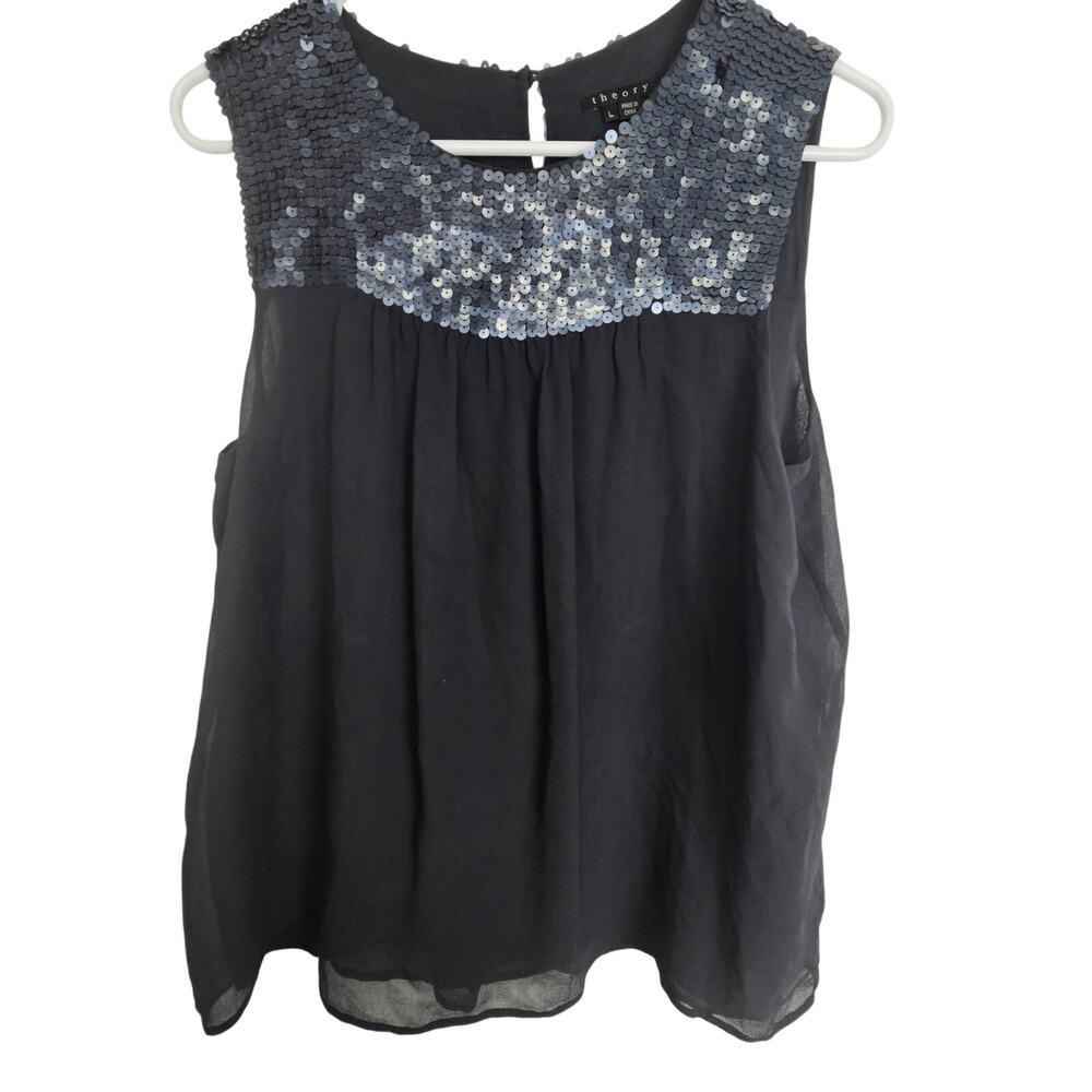 Theory Womens Piedmont Silk Sequin Blouse L Glam Quiet Luxury Designer Classic
